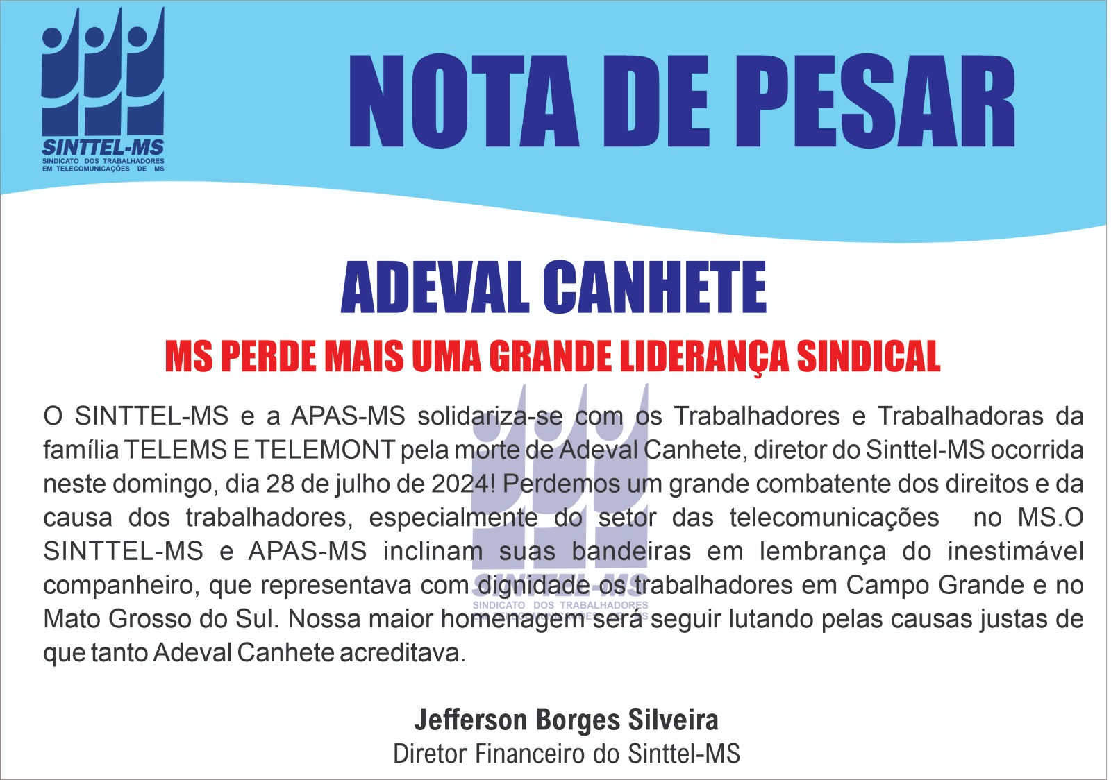 Nota de pesar: Adeval Canhete