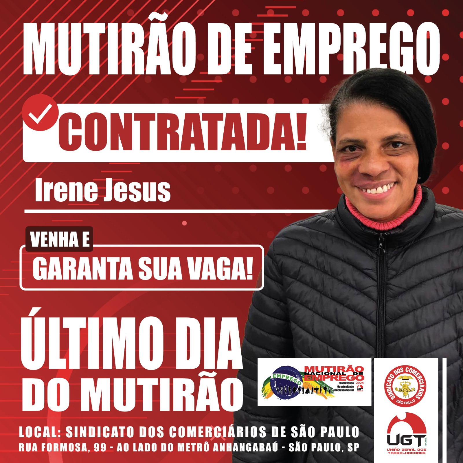 Irene de Jesus Conquista Emprego no 9º Mutirão de Emprego da UGT