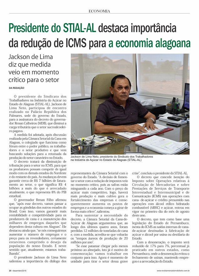 Presidente do STIAL-AL destaca importância da redução do ICMS para a agronomia alagoana