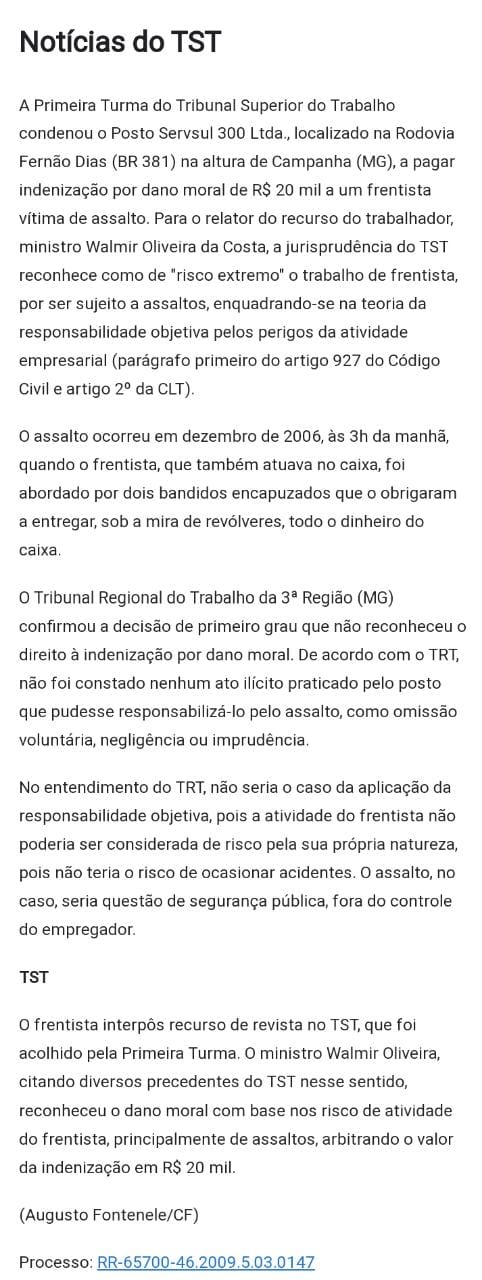 TST reconhece como de “risco extremo” o trabalho de frentista